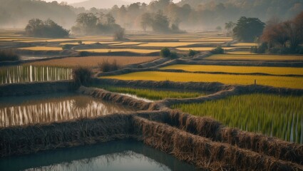 Obraz premium The Paddy Fields In The Autumn with Empty Copy Space For Text