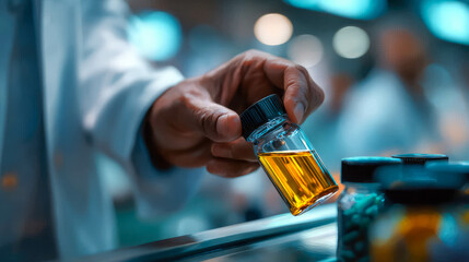  A pharmacist hands over a vial of liquid medicine in a clinical environment, emphasizing healthcare and trust