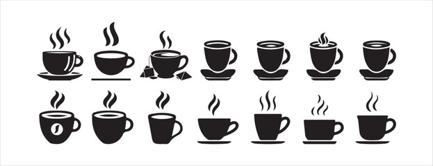 Collection of Coffee and Tea Cup Icons – Black and White Hot Drink Vector Set. Victor illustration eps 10