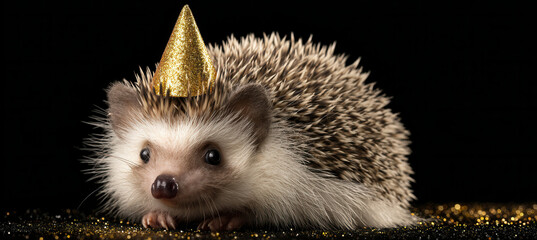 Hedgehog in a golden party hat enjoying a festive celebration with fireworks under a starry black sky