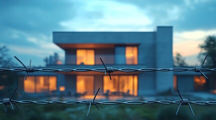 Barbed wire fence, modern house, twilight, security, suburban