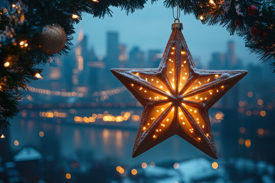 Star ornament hanging from Christmas tree. - Powered by Adobe