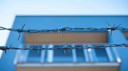 Barbed wire fence before modern building, sunny day
