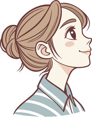 Smiling woman with long hair in a stylish cartoon illustration, PNG