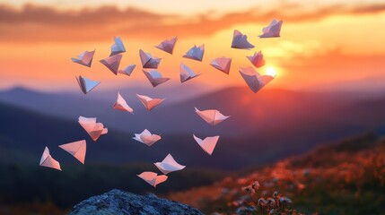 Paper boats sunset flight mountains hope freedom