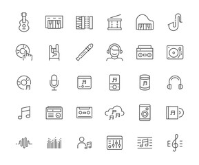 Icon set of musical instrumentsitems arranged in a grid featuring thin line art style