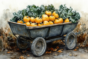 Wheelbarrow filled with pumpkins in a painting.