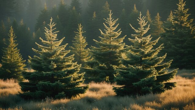 A collection of pine trees in a forest with sunlight filtering through.