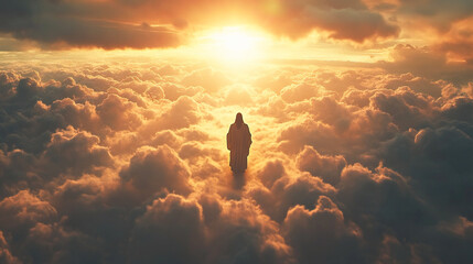 3d, art and Jesus Christ in sky for heaven, hope and soul, resurrection and eternal life. He is risen, back and illustration of Christian God in clouds with open arms for spiritual, welcome or faith