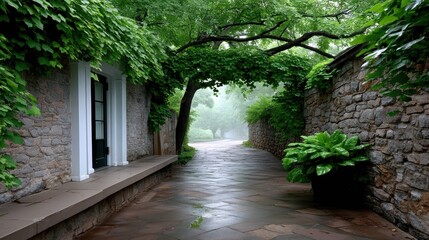 Fototapeta premium Stone pathway, lush greenery, misty morning