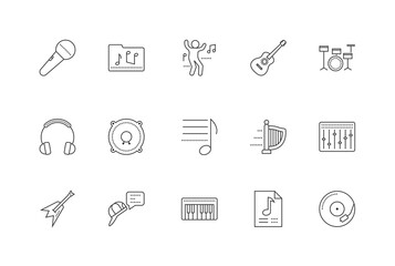 Musicthemed icon set microphone music notes instruments DJ equipment and headphones in simple line art