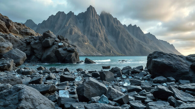 rocky beach, dramatic cloudy sky, jagged mountain peaks, moody atmospheric lighting, scenic coastal landscape, rugged terrain, pebbles and boulders, serene seascap