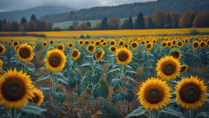 Fototapeta premium During the early autumn weekend trip, we also explored a beautiful sunflower field. There is space available for text.