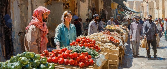 Obraz premium Outdoor market scene with people selling and buying fresh produce