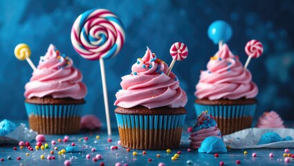 Pink cupcake with chocolate and vanilla frosting, lollipop, ice cream, and sprinkles for birthday party, with empty space for text.