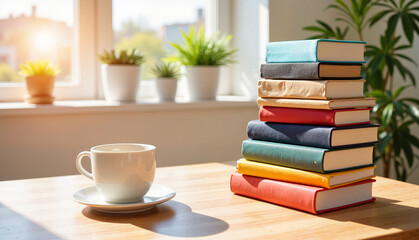 Stack of colorful books next to a cup on wooden table by the window  