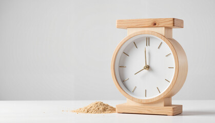 Minimalist wooden clock with sand on white surface  