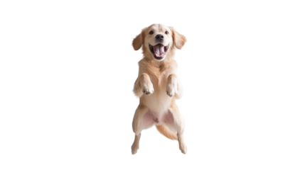 Joyful golden retriever dog jumping enthusiastically with big smile, showcasing its playful nature and energy