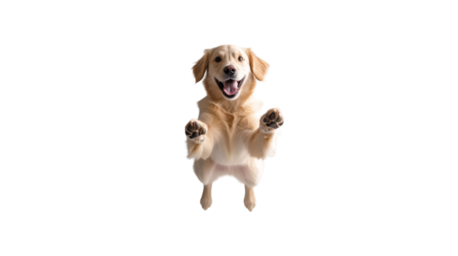 Joyful golden retriever dog jumping with enthusiasm, showcasing its playful spirit and energy
