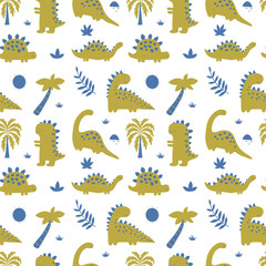 Seamless Cute Dinosaur Vector Pattern, Cartoon Prehistoric Animals Background