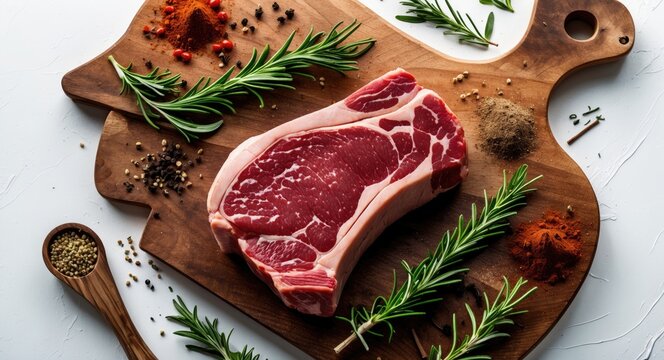 Raw T-bone steak on a wooden board with rosemary and spices on a white background, top view, with empty space for text. - Powered by Adobe