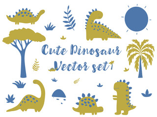 Cute Cartoon Dinosaur Vector Set with Trees and Sun, Prehistoric Animals Clipart