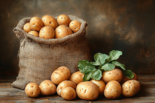 Potatoes in a sack with basil leaves.