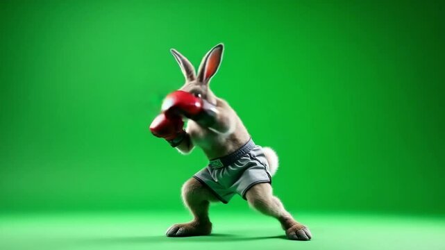A buff rabbit wearing boxing gloves and shorts throws a punch on a green screen