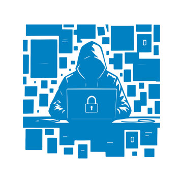 Illustration of of a hooded hacker typing on a laptop. Cybersecurity threat concept with minimal  design, symbolizing data breach, hacking, or online anonymity.