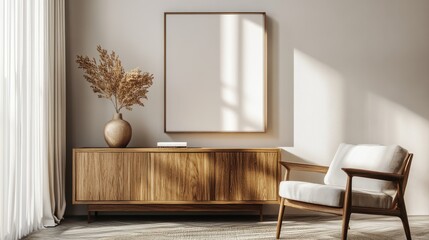 Clean wall mockup wood furniture minimalist interior design scandinavian for wallpaper and artwork