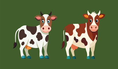 Two cute cartoon cows on green background