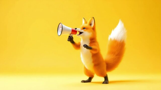 A cheerful cartoon fox with a bushy tail holds a megaphone on a bright yellow background