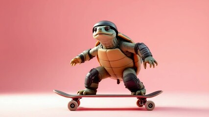 A cool turtle with a helmet and knee pads skateboarding on a pink background - Powered by Adobe