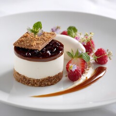 Delicious cheesecake dessert with berries and caramel sauce gourmet food photography close up shot