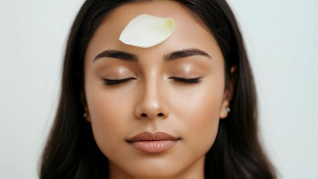 Serene wellness ritual: peaceful woman with petal meditation and calm reflection