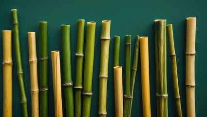 Fototapeta premium Bamboo Straw With Green Background and Empty Copy Space For Text
