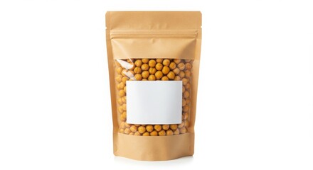 roasted chickpeas in craft pouch with clear label isolated on white background for food and culinary use