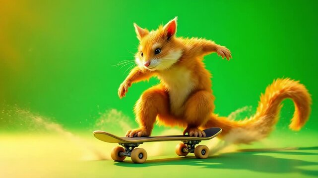 A fluffy squirrel skillfully rides a skateboard on a vibrant green background, leaving a trail of dust