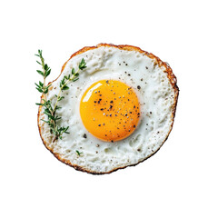 Closeup shot of fried egg with vibrant yolk, garnished with fresh thyme and sprinkled with black pepper, evokes delicious