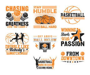 Inspirational basketball quotes graphic design set. Motivational vector collection for sports apparel, posters, and digital content