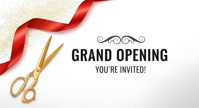 Luxurious Grand Opening Invitation Design with Elegant Red Ribbon and Sparkling Gold Confetti Perfect for Business Launches and Inauguration Ceremonies A Sophisticated Event Visual