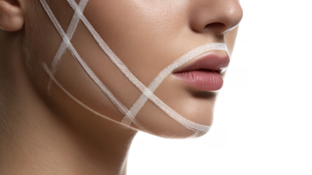 Lifting tape crisscrosses the smooth skin of a woman's face, highlighting the concept of non surgical facelift and beauty treatment, on a transparent background