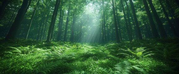 Obraz premium Sunlight streams through a lush forest