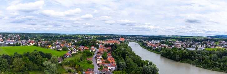 Fototapeta premium City of Laufen, Bavaria and Oberndorf, Salzburger Land, Austria, in early summer