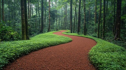 Obraz premium Winding red path through lush green forest