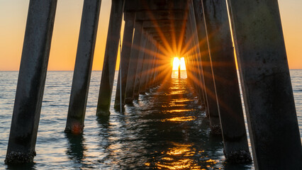 A blazing sun sets on the Gulf Coast, illuminating the symmetrical pilings of a dock