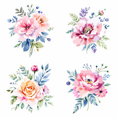 floral arrangement, round bouquet, flowers design elements, watercolor clip art isolated on white background