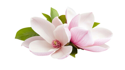Fototapeta premium Closeup view of pink magnolia flower branch showcasing delicate petals and vibrant green leaves, evoking sense of tranquility