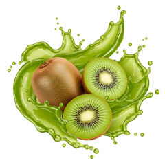 Transparent Isolated Kiwi Fruit with Juice Splash Vibrant & Fresh Design Element