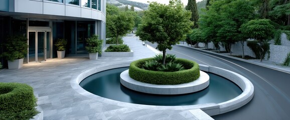 Modern landscaped plaza with a circular water feature at the entrance of a contemporary building
